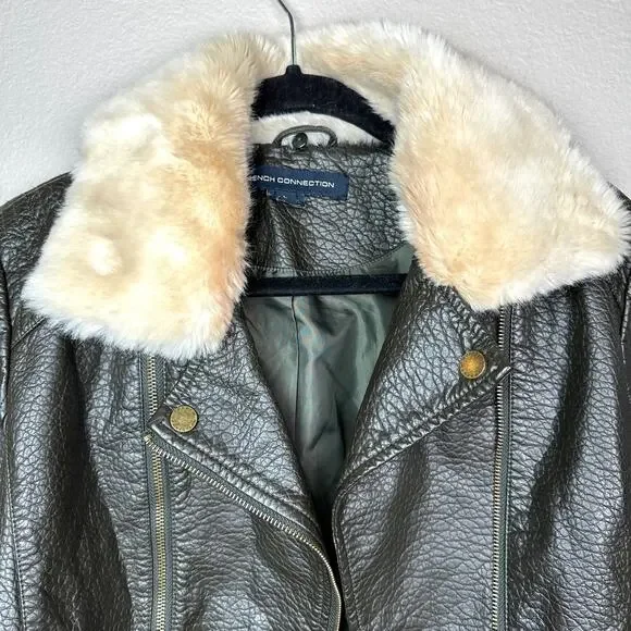 French Connection Faux Leather Fur Collar Moto Jacket Olive Green Large - Picture 4 of 11